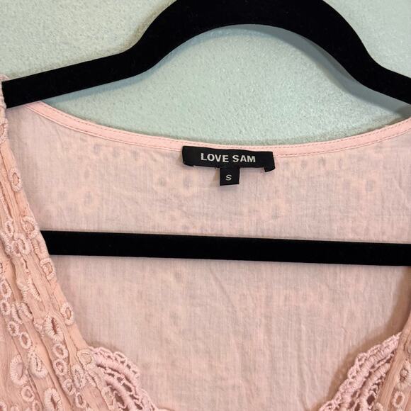 Love Sam Asymmetric Dress S Pink Eyelet V Neck Sleeveless Boho Cottage Crochet - Picture 6 of 9